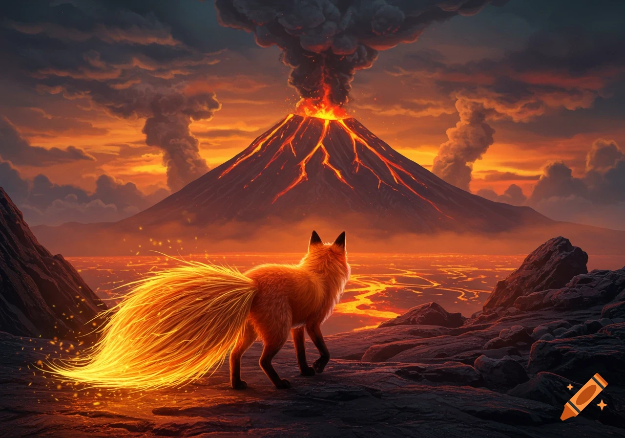 A fantasy fox with a glowing, fiery tail stands on dark rocks, looking at an erupting volcano with rivers of lava under an orange, smoke-filled sky.