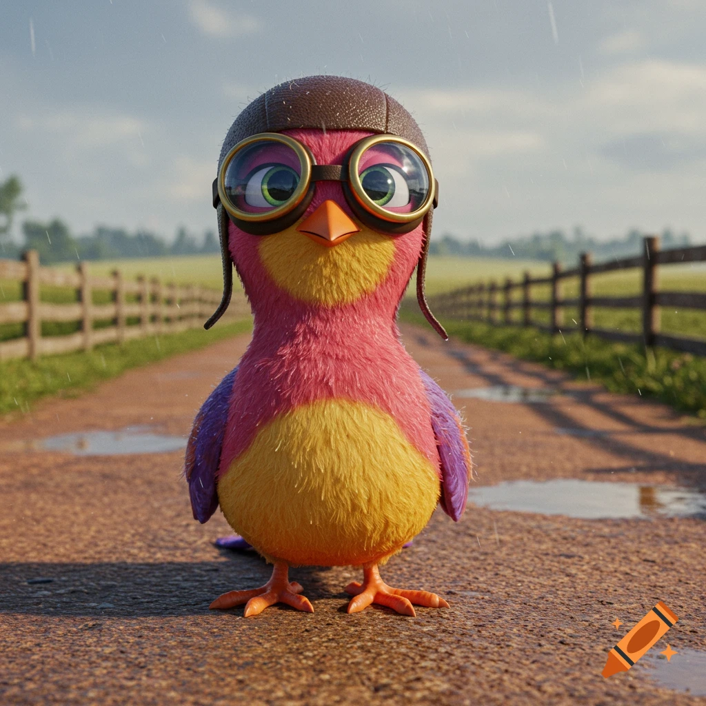 A cute, fluffy, cartoon bird with pink, yellow, and purple feathers wears a brown pilot's helmet and goggles, standing on a wet dirt road.