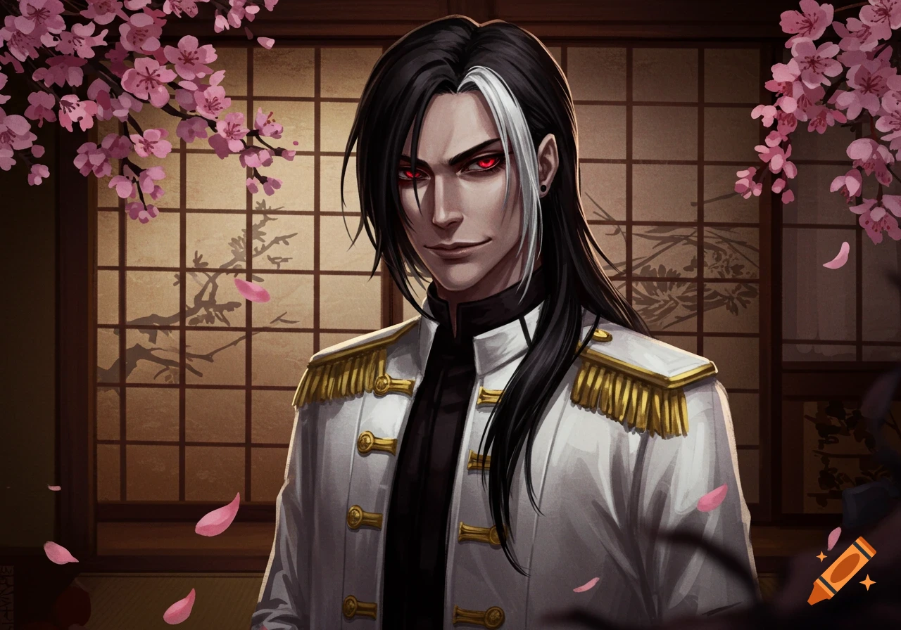 Anime portrait of a pale man with black and white hair, red eyes, and a white military jacket, with cherry blossoms and a shoji screen background.