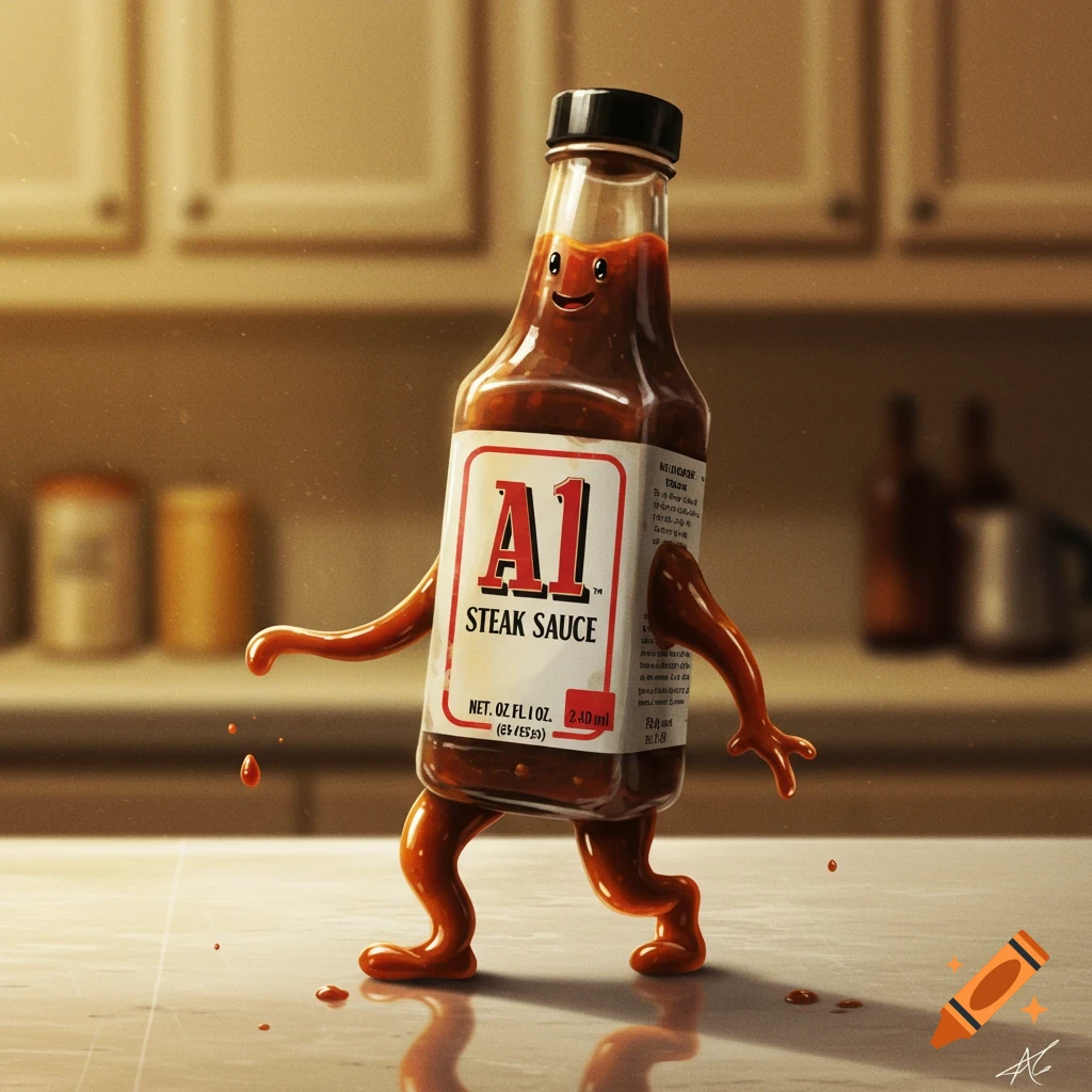 A cartoon A1 Steak Sauce bottle with a happy face, arms, and legs walks across a kitchen counter, leaving sauce drips.
