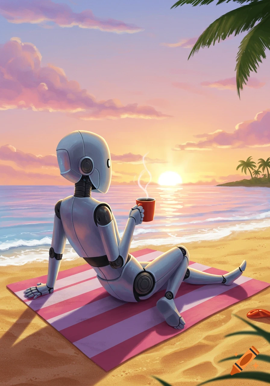An illustration of a robot sitting on a pink striped towel on a sandy beach, holding a steaming red coffee cup, watching the sunrise over the ocean.
