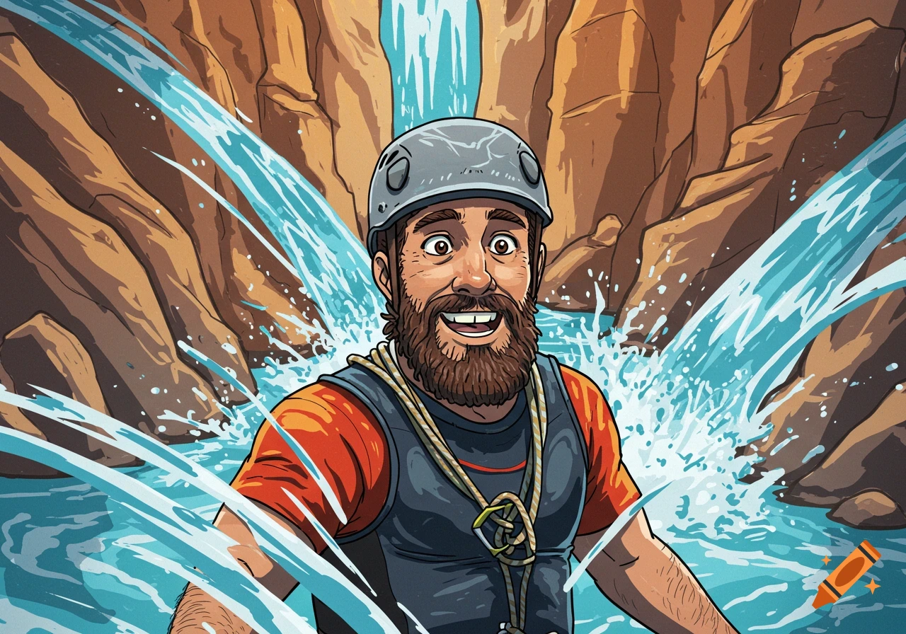 A comic-style illustration of a bearded man wearing a helmet and climbing gear, smiling amidst splashing water during canyoning in a rocky canyon.