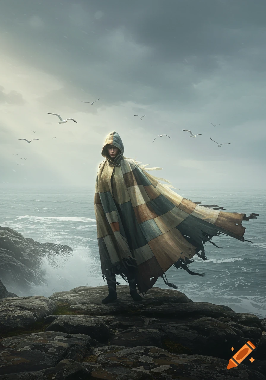 A figure in a patchwork hooded cloak stands on a rocky cliff overlooking a stormy gray sea with seagulls.