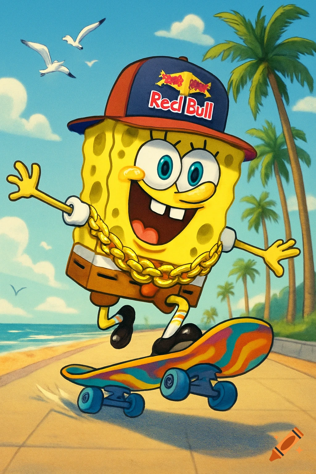 Vibrant cartoon illustration of SpongeBob SquarePants skateboarding on a beach boardwalk, wearing a Red Bull hat and a golden chain.