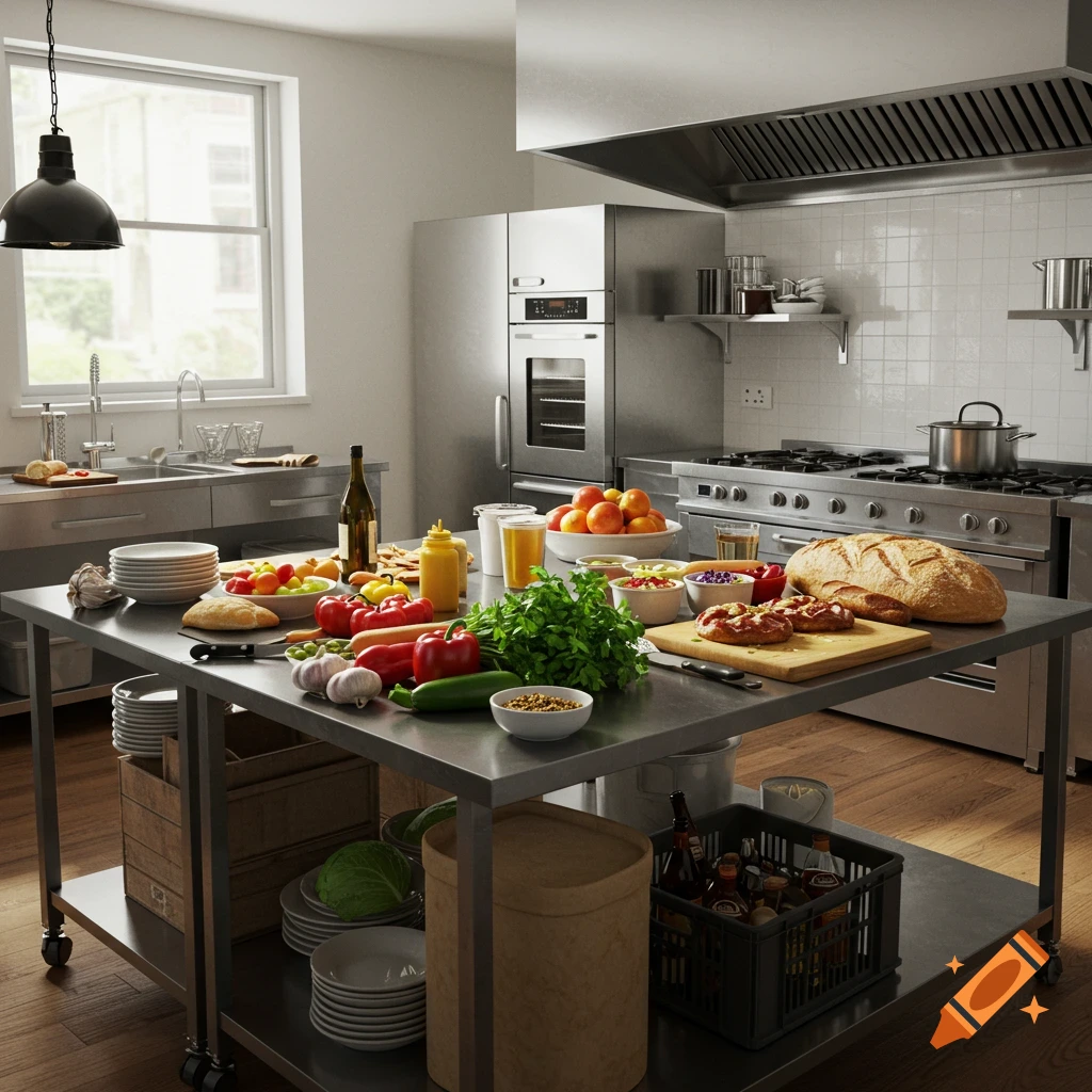 Photorealistic view of a commercial kitchen with a stainless steel table full of fresh vegetables, fruits, bread, and cooking ingredients.