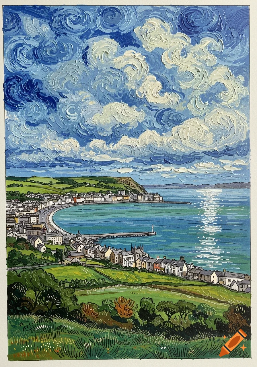 A vibrant painting of a coastal town with a bay, pier, green hills, and a dramatic Van Gogh-style sky.