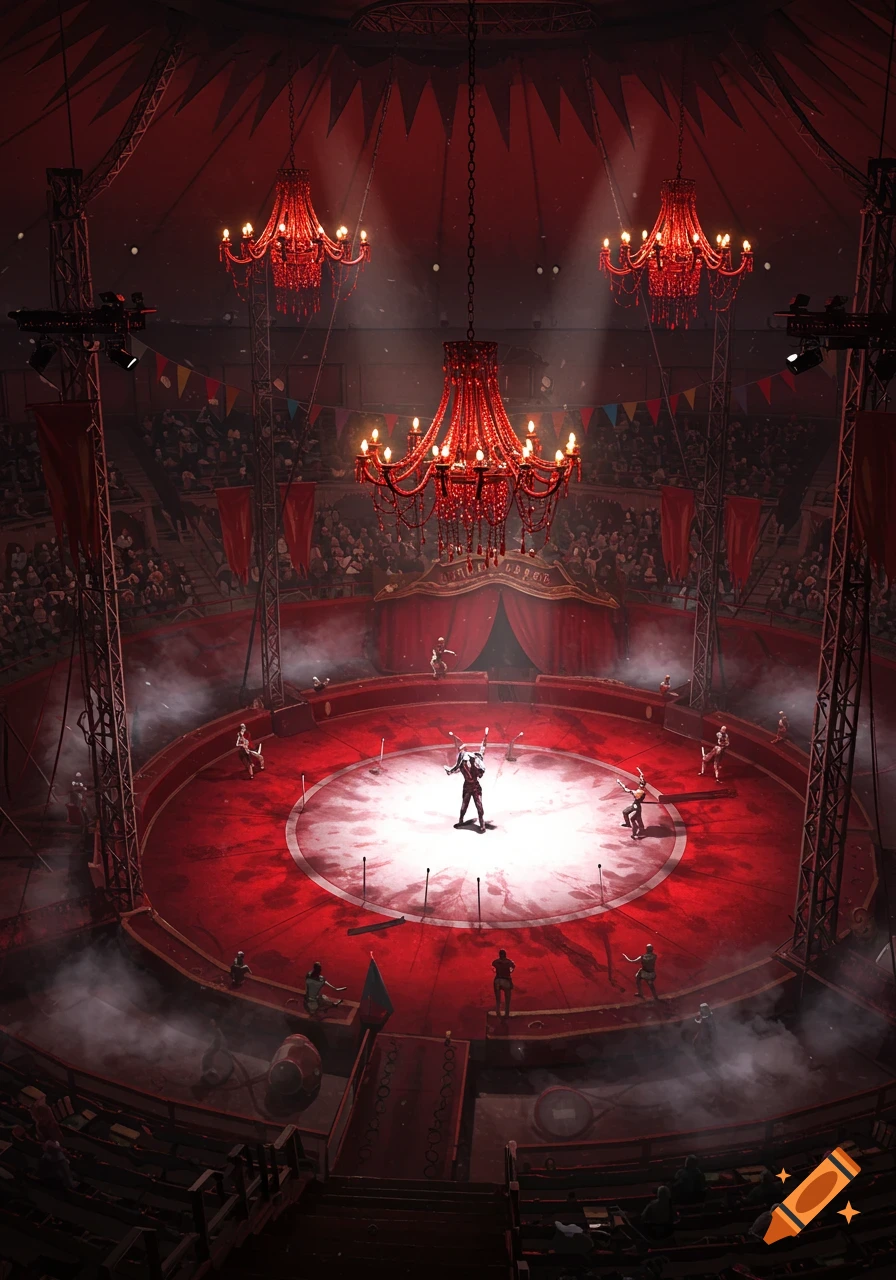 Dramatic top-down view of a red circus arena with chandeliers, performers, and a hazy, eerie atmosphere.