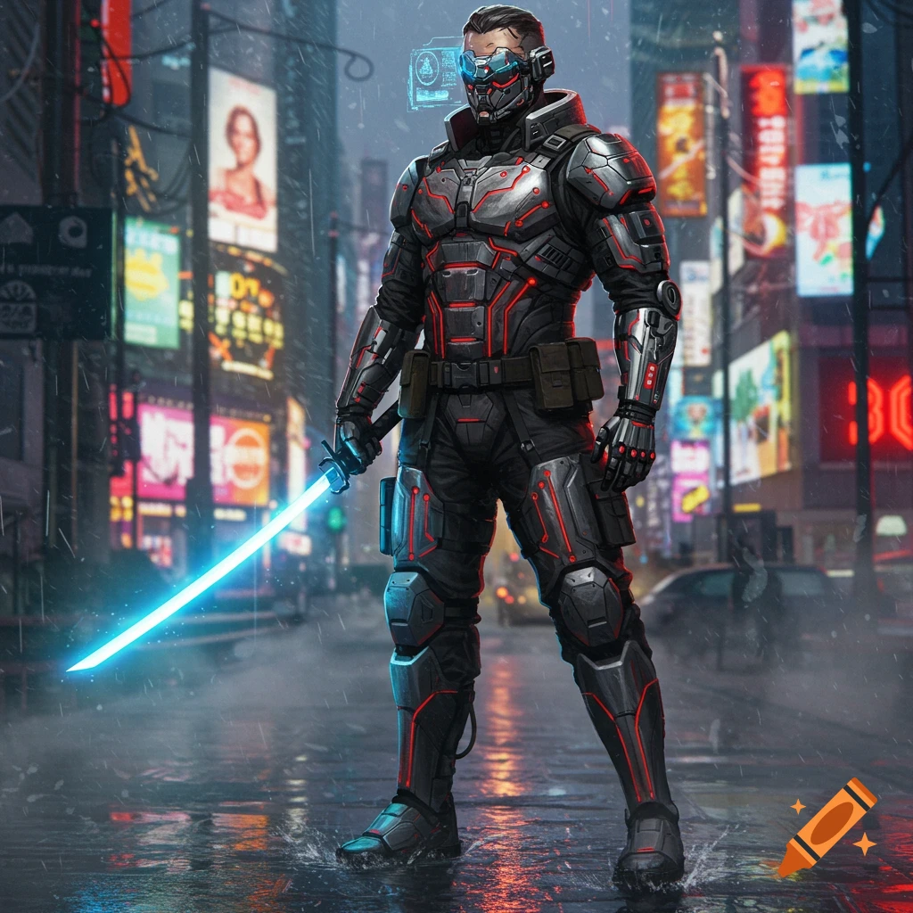 Male cyberpunk warrior in black and red armor holding a glowing saber, standing on a rainy city street at night amidst neon signs.
