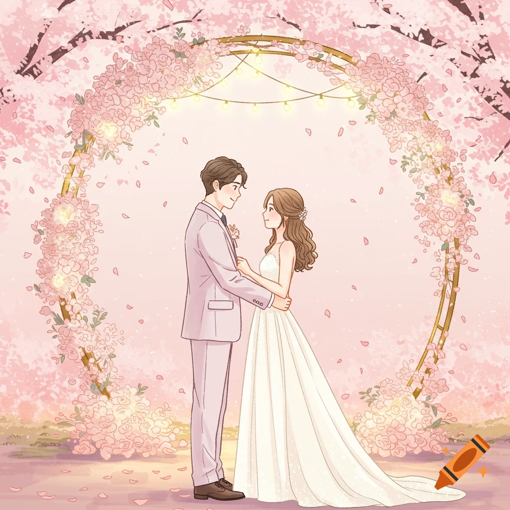 Cartoon couple in wedding attire standing under a pink cherry blossom arch, looking lovingly at each other.