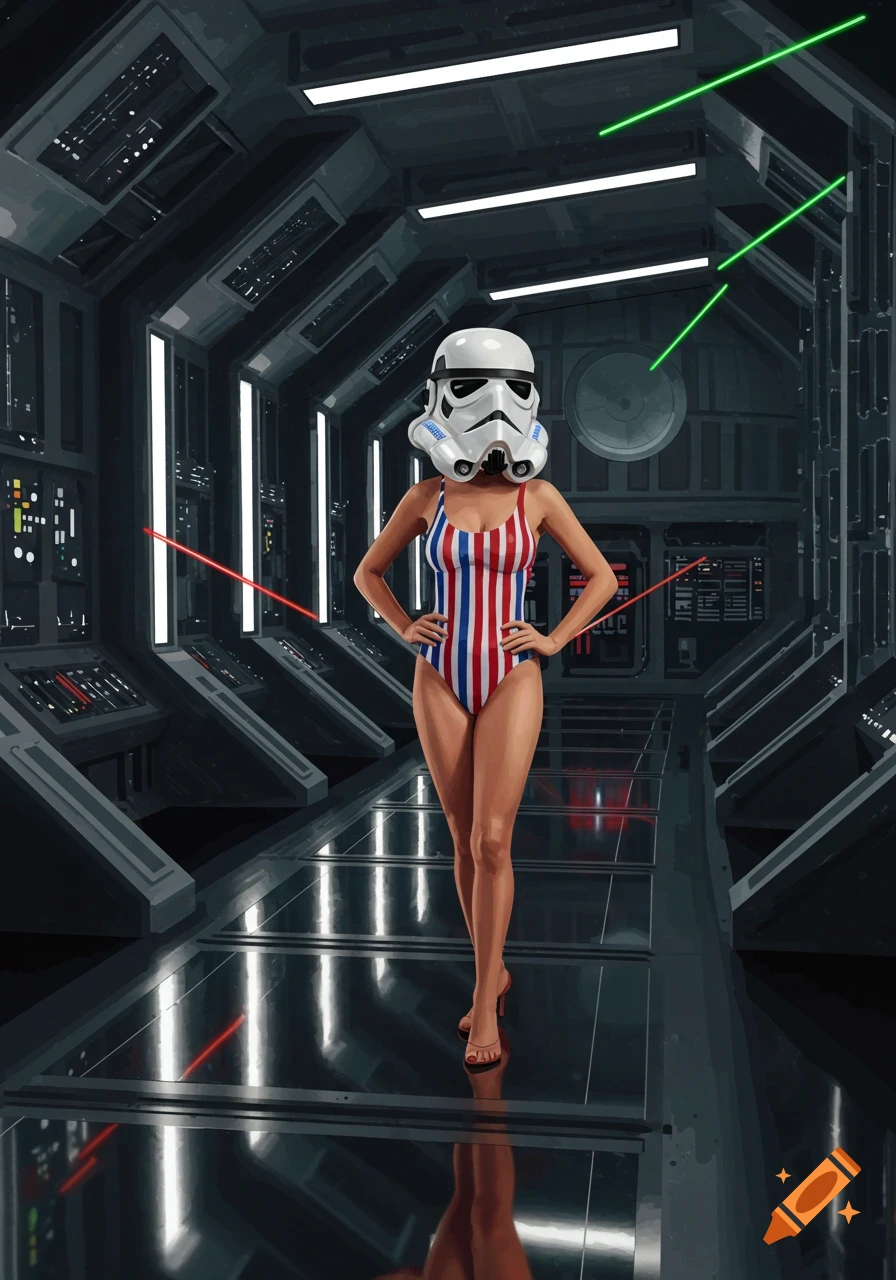 An illustrated woman wearing a Stormtrooper helmet and a red, white, and blue striped swimsuit stands in a dark Death Star corridor with laser beams.