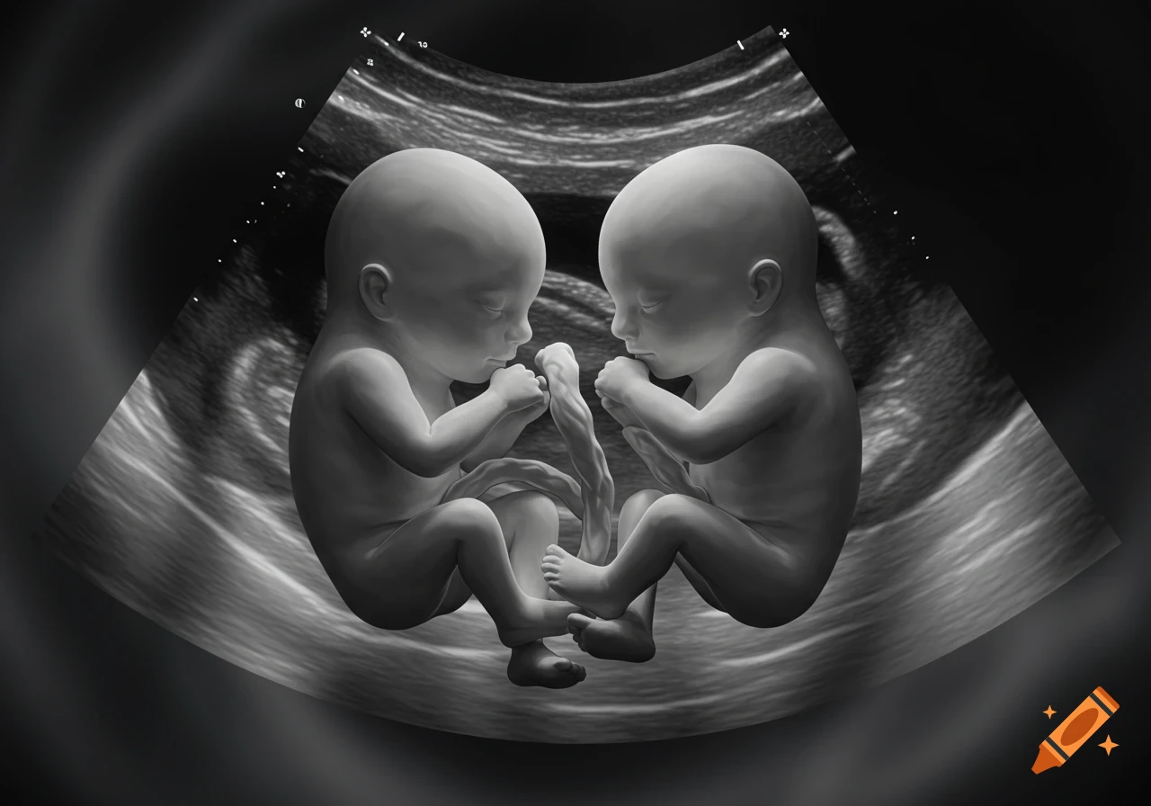Grayscale sonogram showing two fetal twin boys, rendered with clear detail within an ultrasound view.