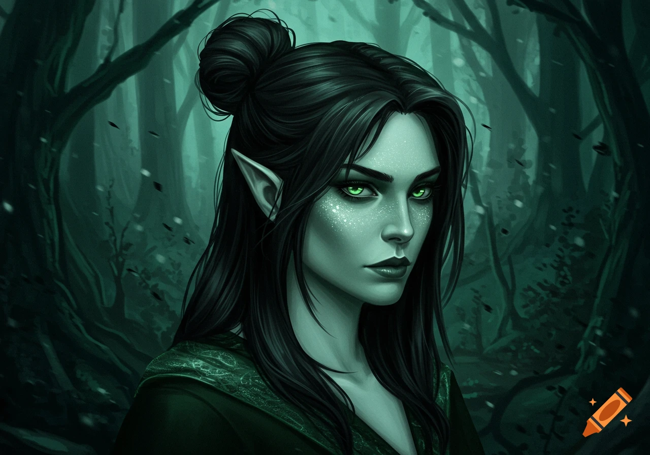 A fantasy portrait of an elf-like woman with dark hair, glowing green eyes, and pale skin with a green shimmer in a dark forest.