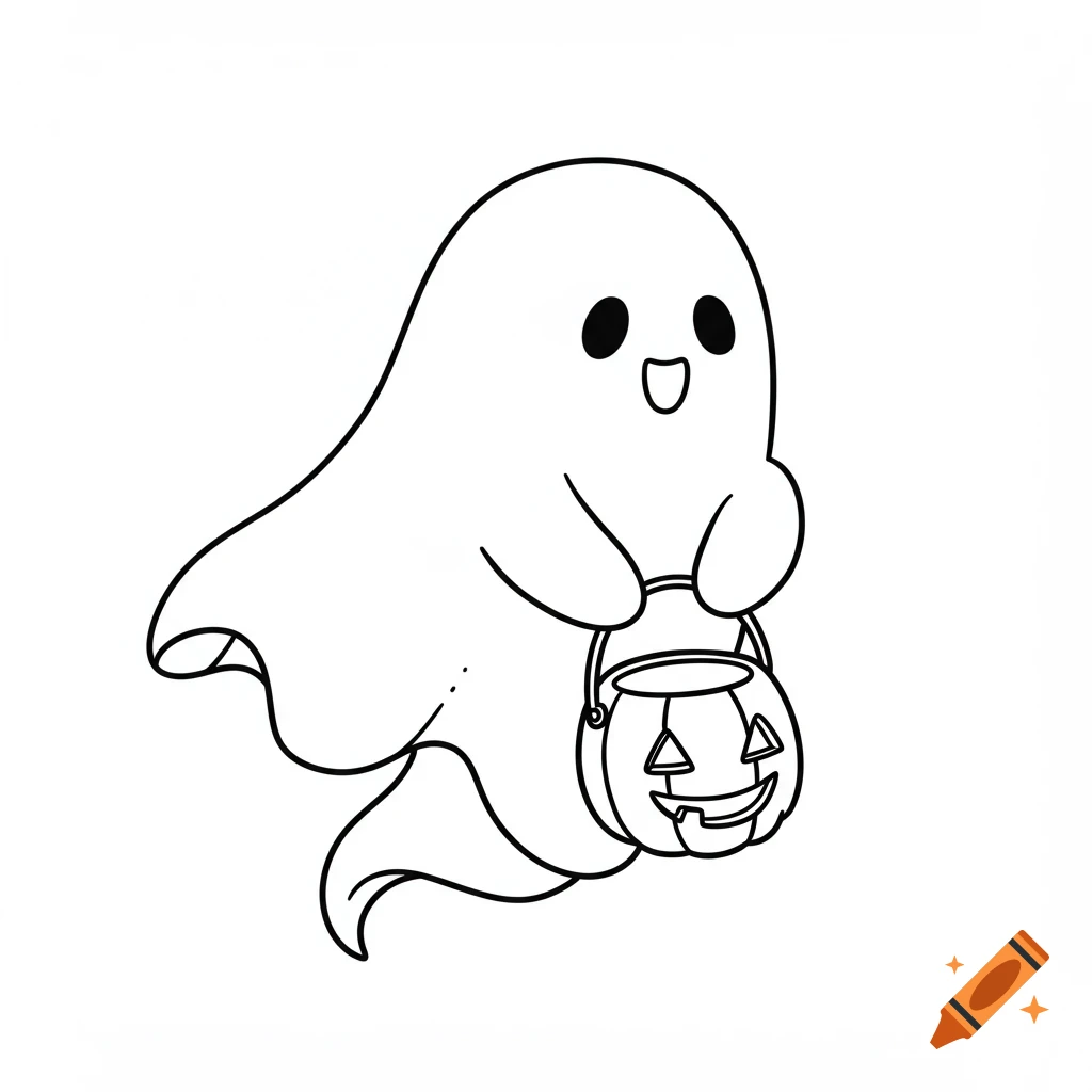 A cute black and white line art cartoon ghost holding a pumpkin bucket.