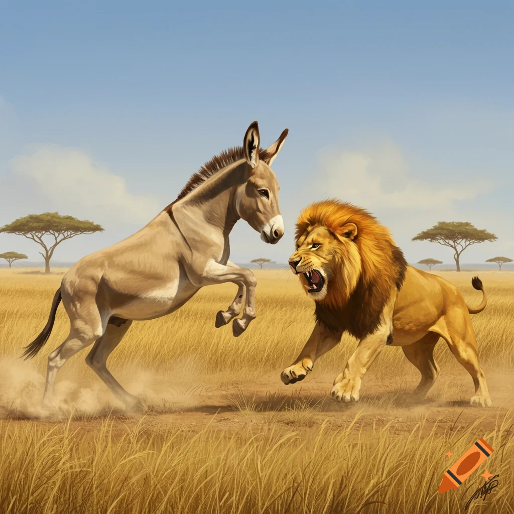 A donkey rears up against an attacking lion in a golden savanna with acacia trees under a clear sky, painted in a realistic style.