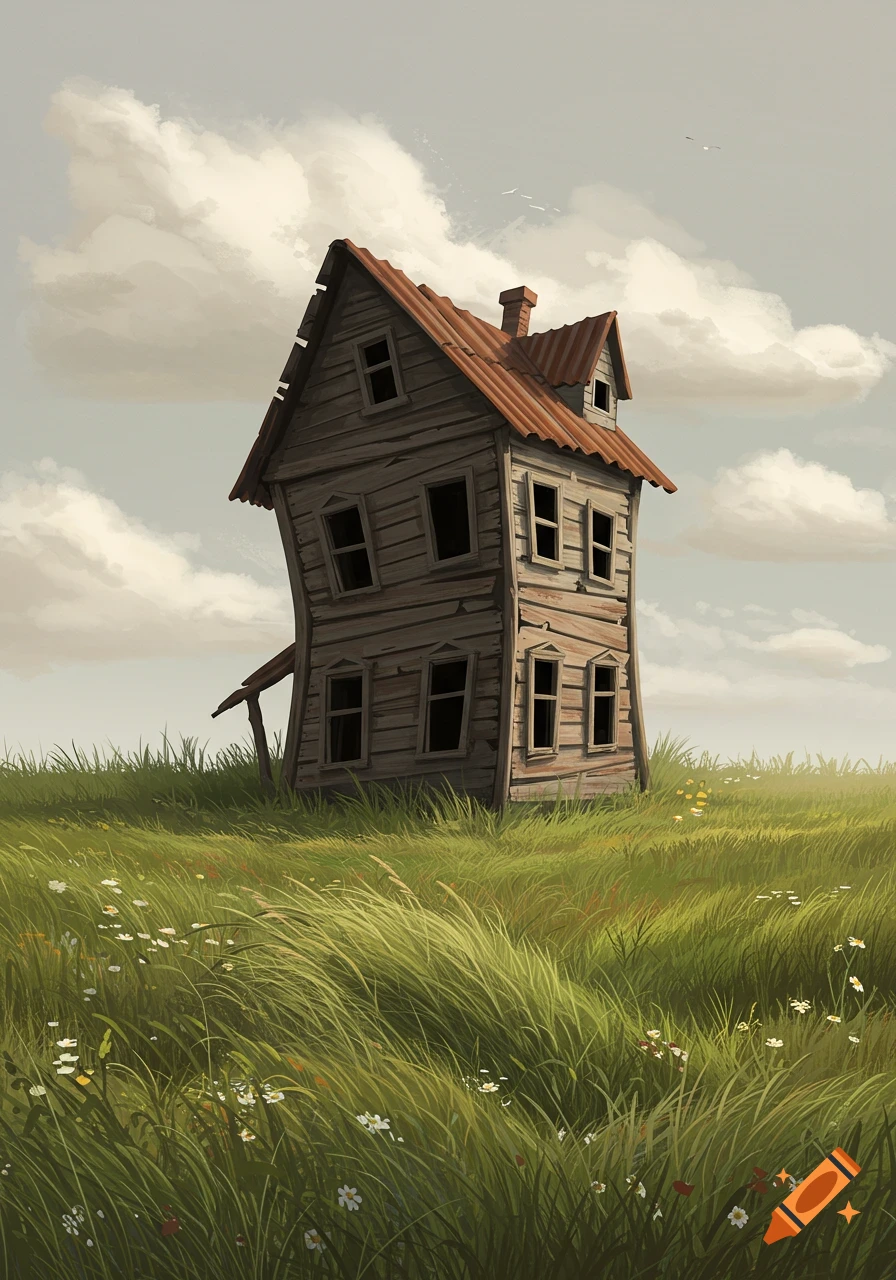 A whimsical, leaning wooden house with a red corrugated roof stands in a tall grassy field under a cloudy sky, digital art.