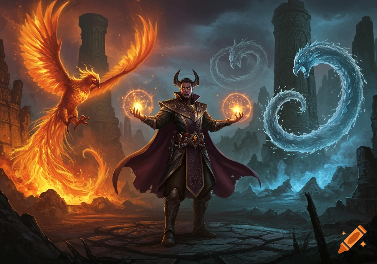A horned wizard casting fire and water spells, flanked by a fiery phoenix and a swirling water dragon in an epic fantasy landscape with ruins.