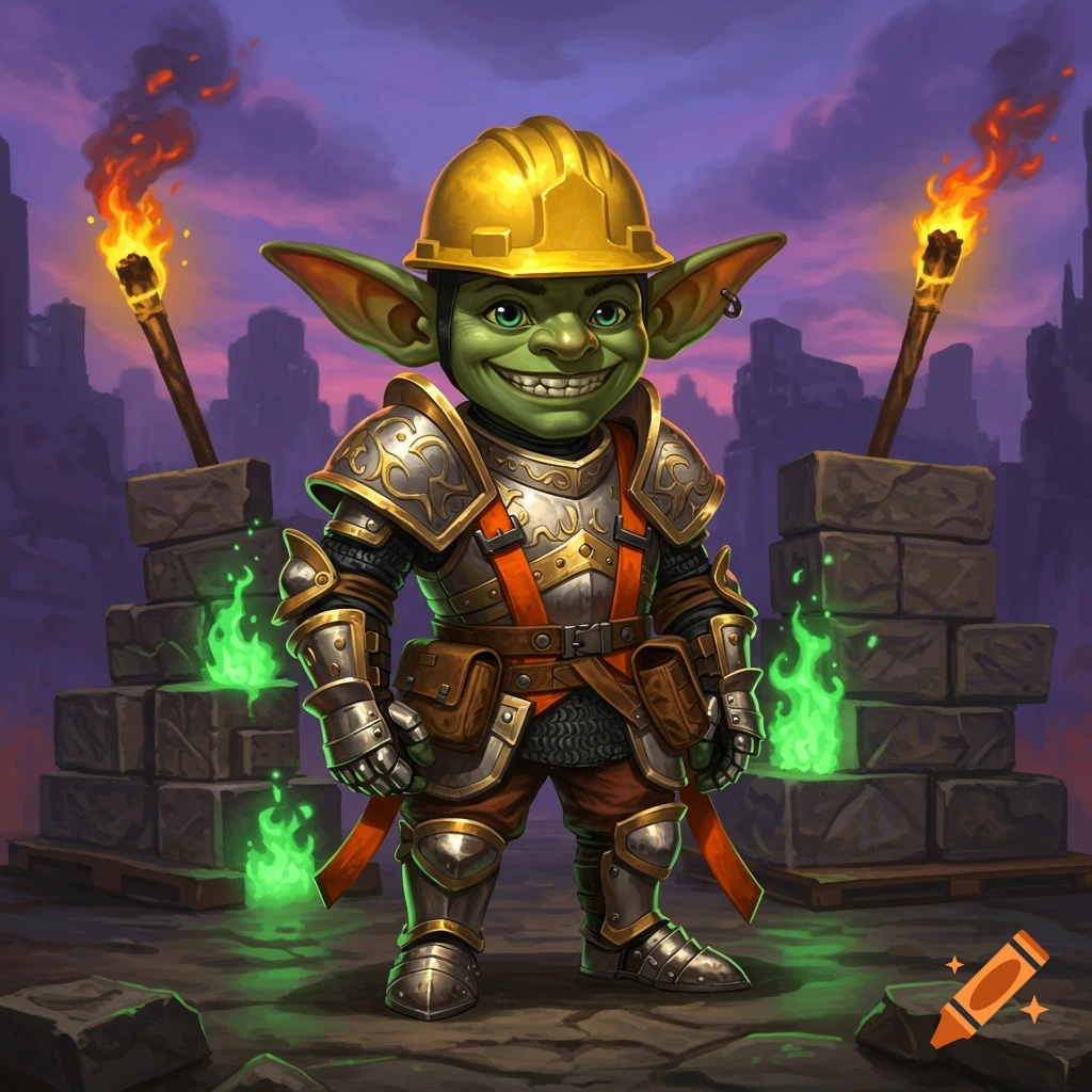 A green goblin in a gold hard hat and paladin armor grins, standing among ruins with glowing green blocks and torches. Fantasy art.