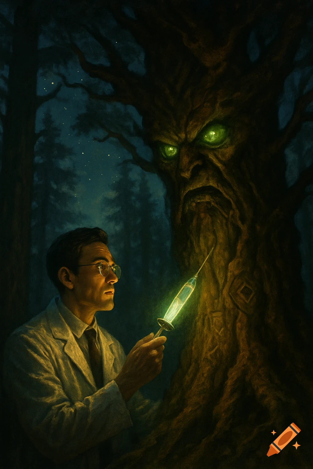A scientist aims a glowing syringe at an angry, anthropomorphic tree in a dark forest, painted in a dramatic, realistic style.