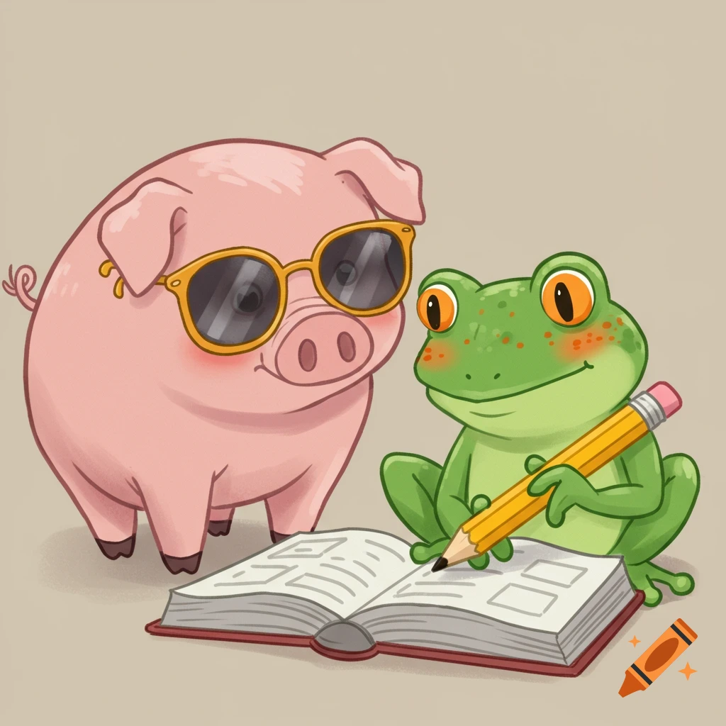 A cartoon pink pig in sunglasses watches a green frog with orange freckles writing in a book with a pencil.