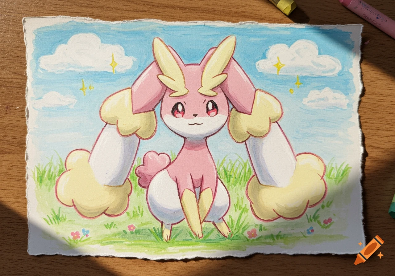 A childlike crayon drawing of a pink and white Lopunny Pokémon on paper, set against a blue sky and green grass, on a wooden desk.