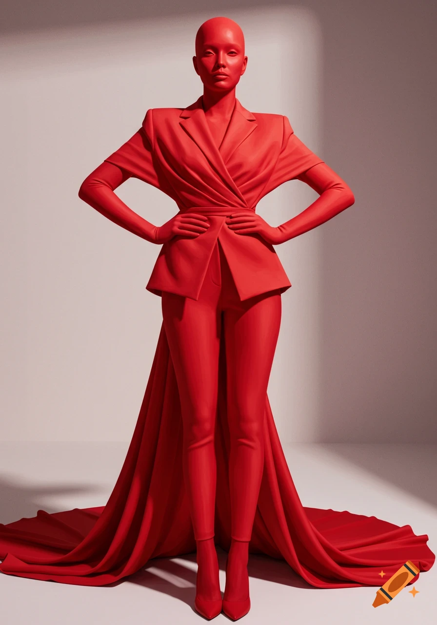 A full-body shot of a red, mannequin-like figure in a dramatic, draped red blazer with a long train, pants, and pointed heels.