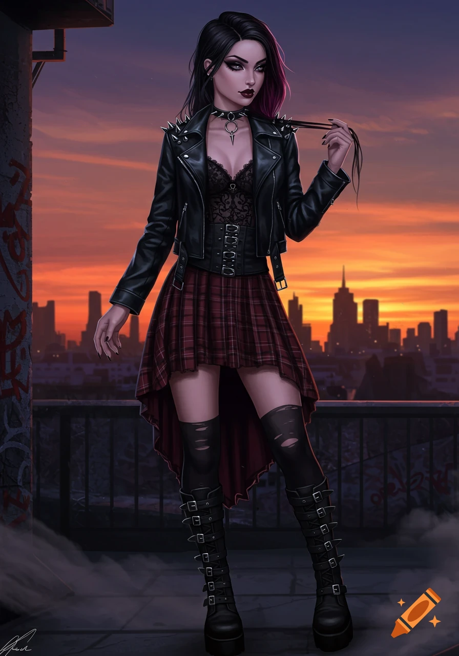 A striking punk goth woman on a rooftop at sunset, wearing a studded leather jacket, plaid skirt, ripped stockings, and buckle boots.