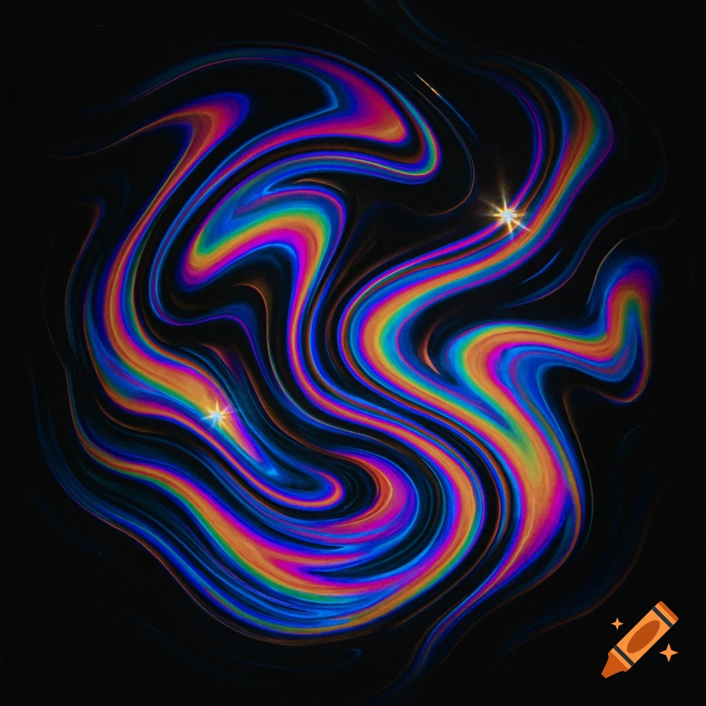 Abstract swirling rainbow lines resembling iridescent gasoline or oil slick with two small starburst glints on a dark background.
