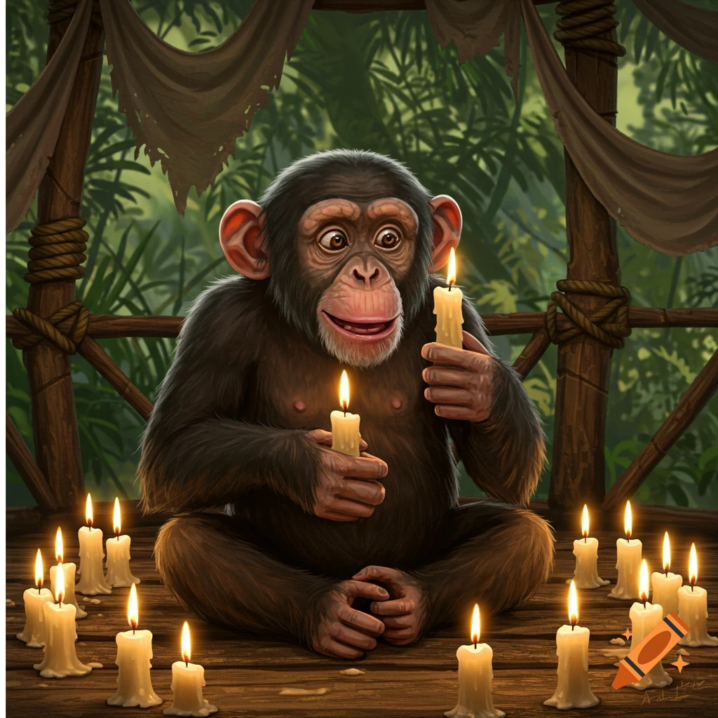 A cartoonish chimpanzee sits cross-legged on a wooden platform in a jungle, holding two lit candles and surrounded by many more.