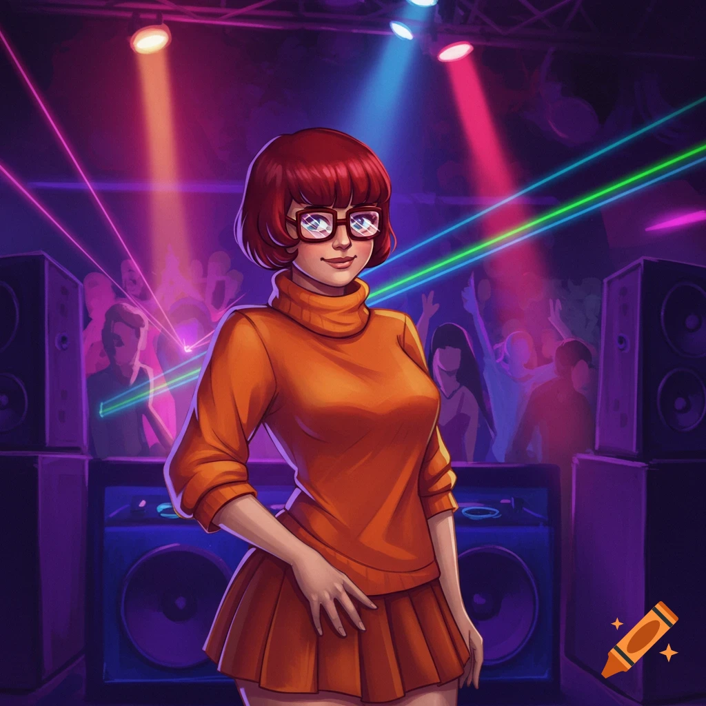 Cartoon of Velma in an orange turtleneck and skirt, posing in a vibrant, neon-lit nightclub.