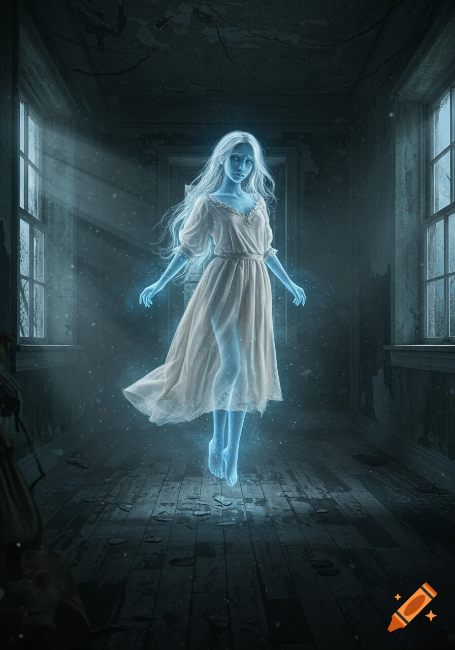 A spectral girl ghost in a white dress floats in a derelict room, bathed in blue light.