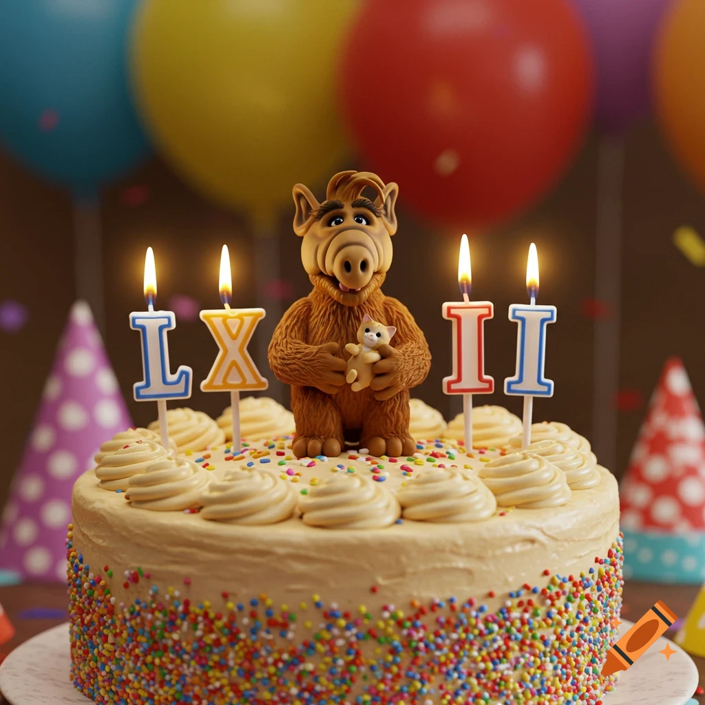 Photorealistic birthday cake topped with an ALF figurine holding a kitten, four lit candles forming 'LXII', sprinkles, and balloons.