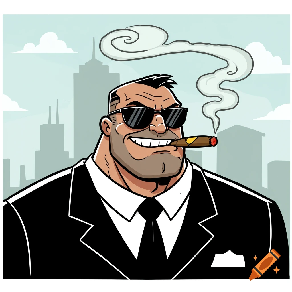 A muscular, cartoon man in sunglasses and a suit smirks while smoking a cigar in front of a city skyline.