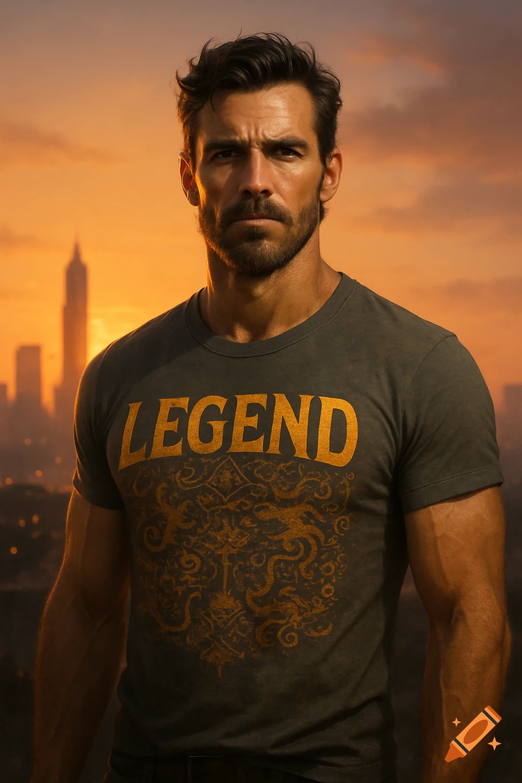 Photorealistic portrait of a serious bearded man in a 'LEGEND' t-shirt, standing against a vibrant orange sunset city skyline.
