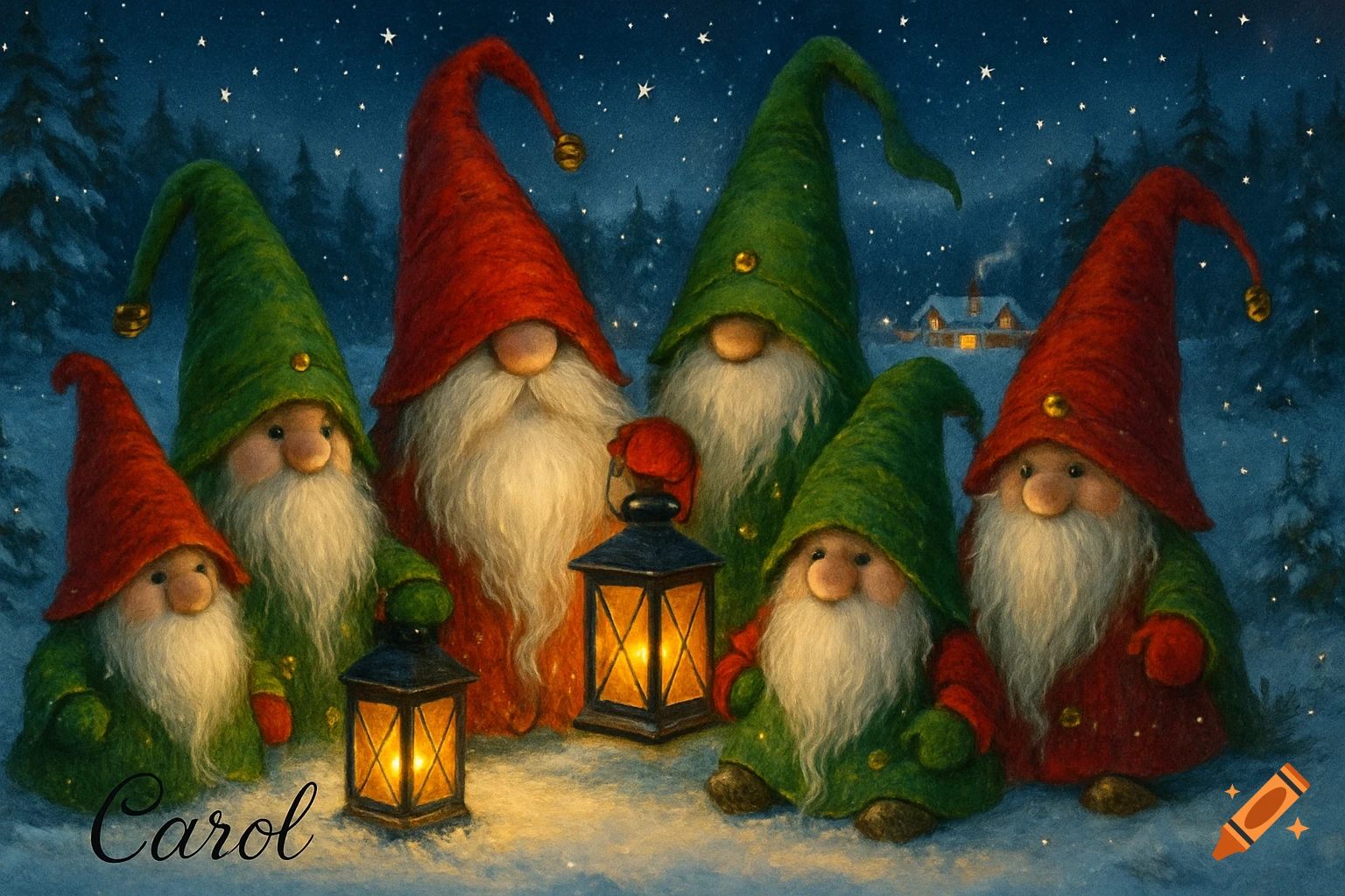 Six gnomes in red and green hats with white beards in a snowy Christmas night with lanterns. 'Carol' written in foreground.