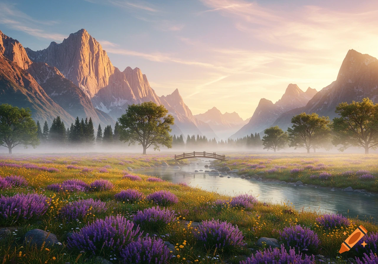 A vibrant landscape painting depicting sunlit mountains, a winding river with a small bridge, and fields of purple and yellow flowers.