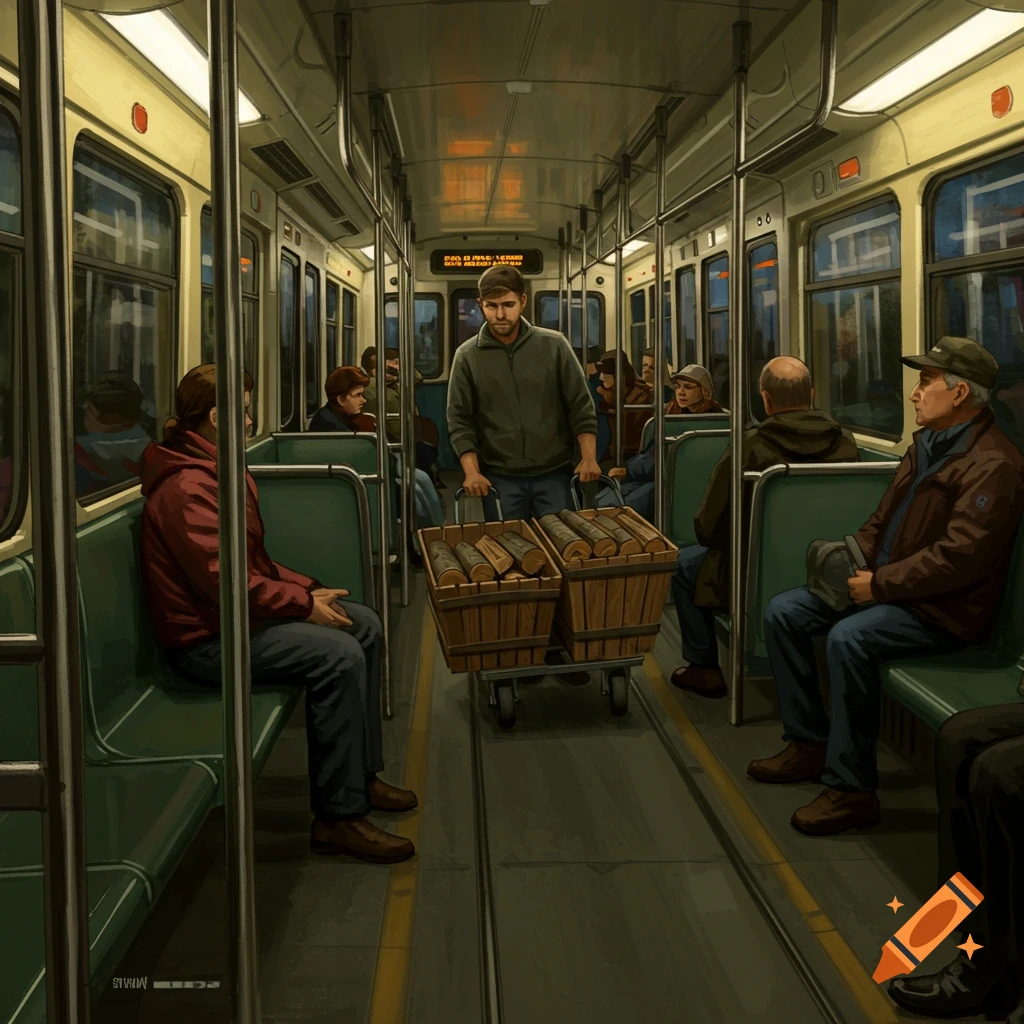 Illustration of a man pushing a hand truck with two bins of firewood through a crowded streetcar with seated passengers.