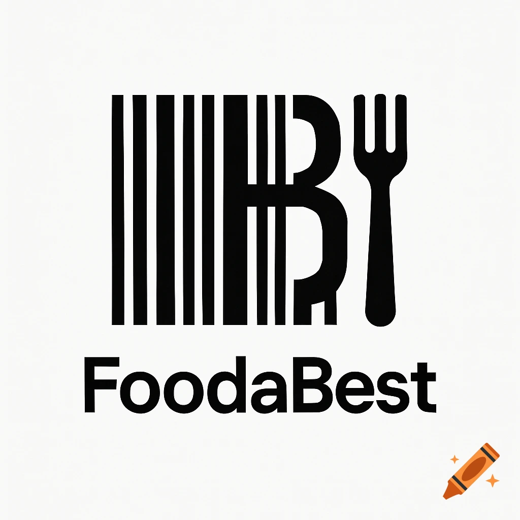 Minimalist black and white logo for FoodaBest, showing a barcode and a fork forming part of a 'B' above the text 'FoodaBest'.