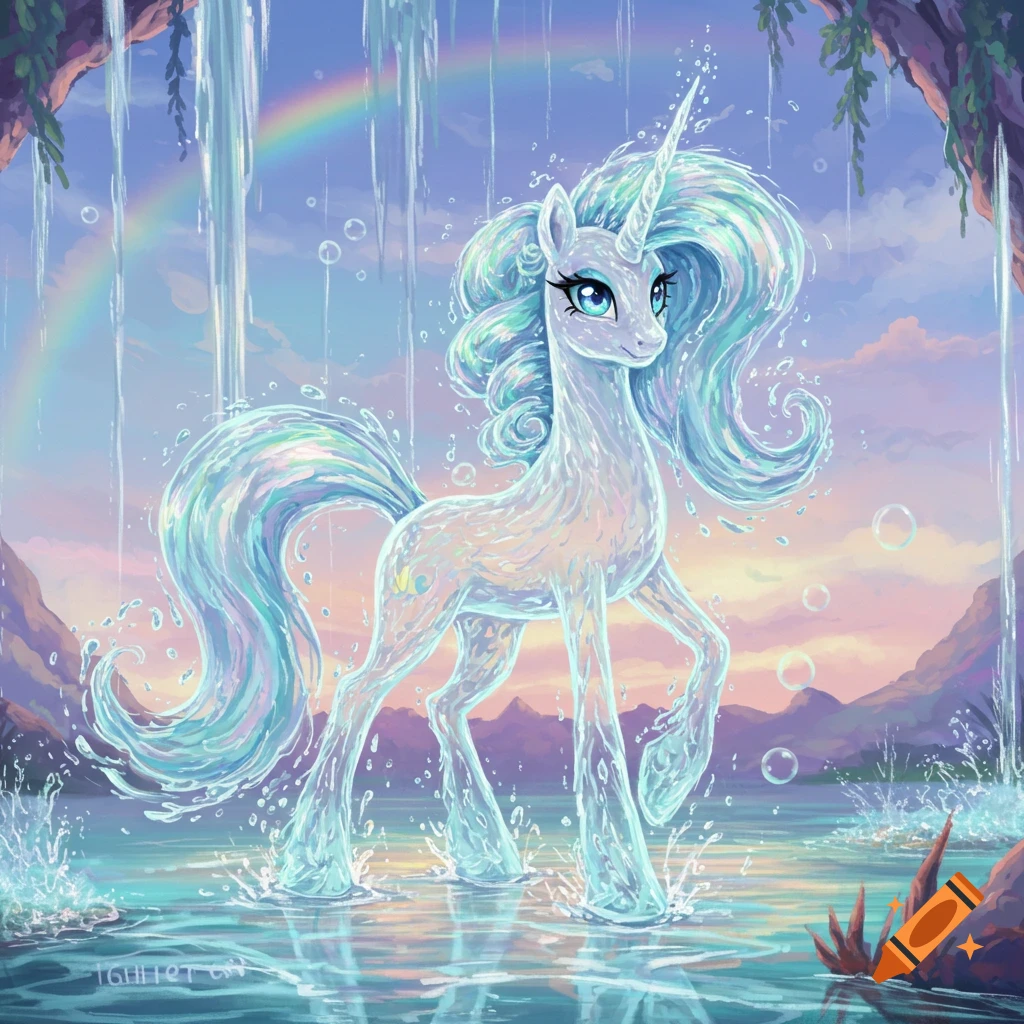 A stylized water unicorn with blue eyes and a flowing mane stands in a shallow pool, with waterfalls and a rainbow in a pastel sunset sky.