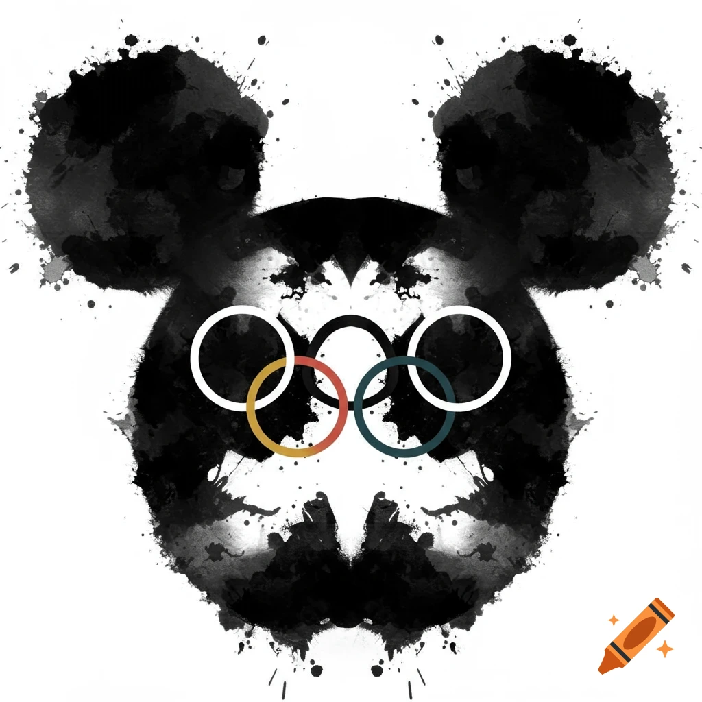 A black inkblot forming Mickey Mouse's head and ears, with the five colored Olympic rings superimposed over the face area, Rorschach test style.