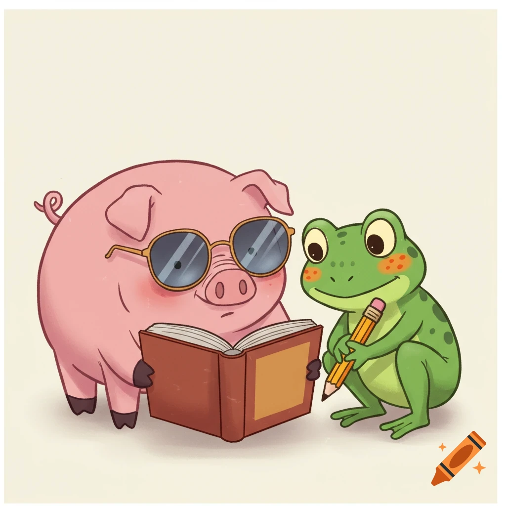 Cartoon pink pig in sunglasses and green frog with freckles reading a book and holding a pencil, studying together.