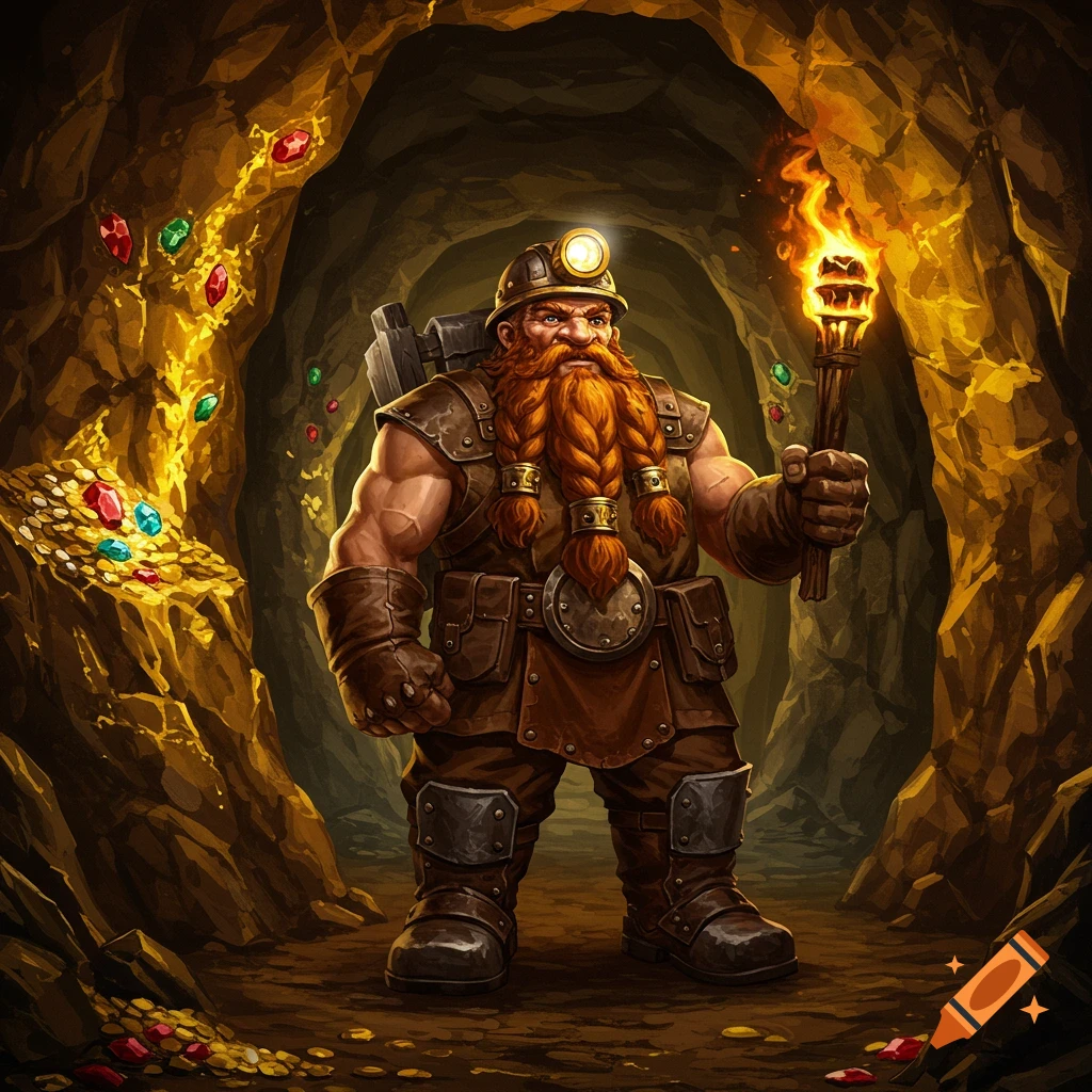 A burly dwarf miner with a braided red beard and helmet light holds a torch, standing in a gem and gold-filled mine.