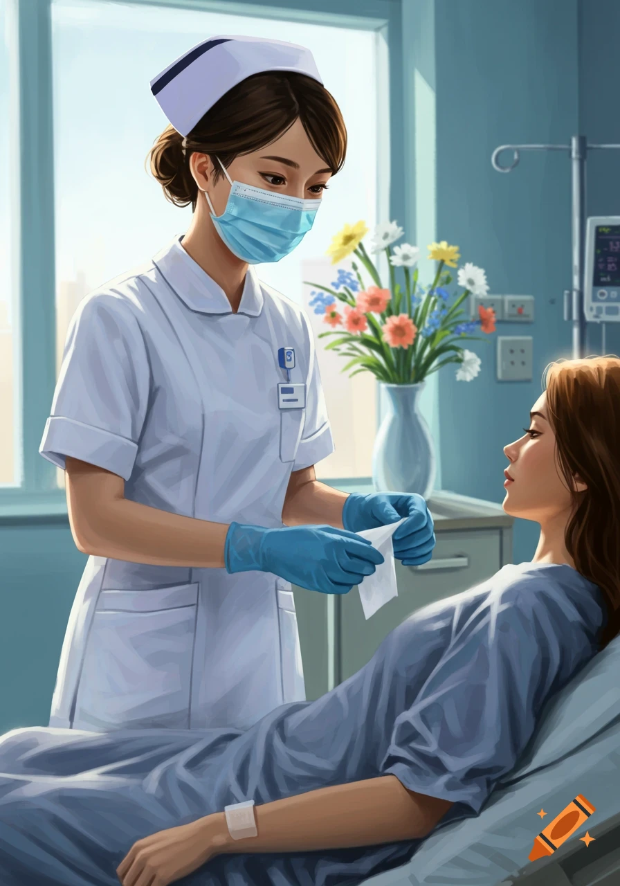 A masked nurse in scrubs and gloves attends to a patient lying in a hospital bed with flowers in the background. Illustration.