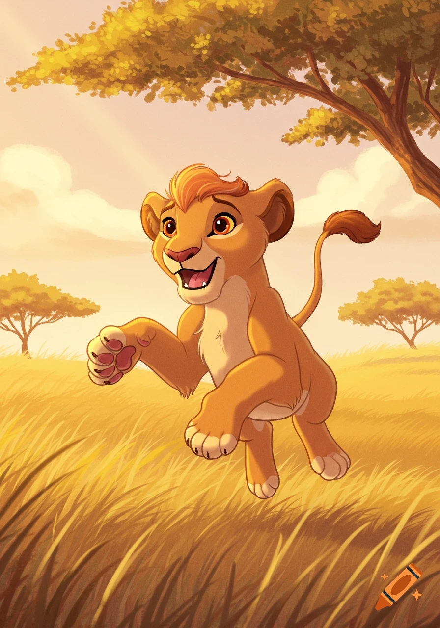 A cheerful, cartoony lion cub jumps playfully through a sunny golden savanna landscape with trees, in a children's book illustration style.