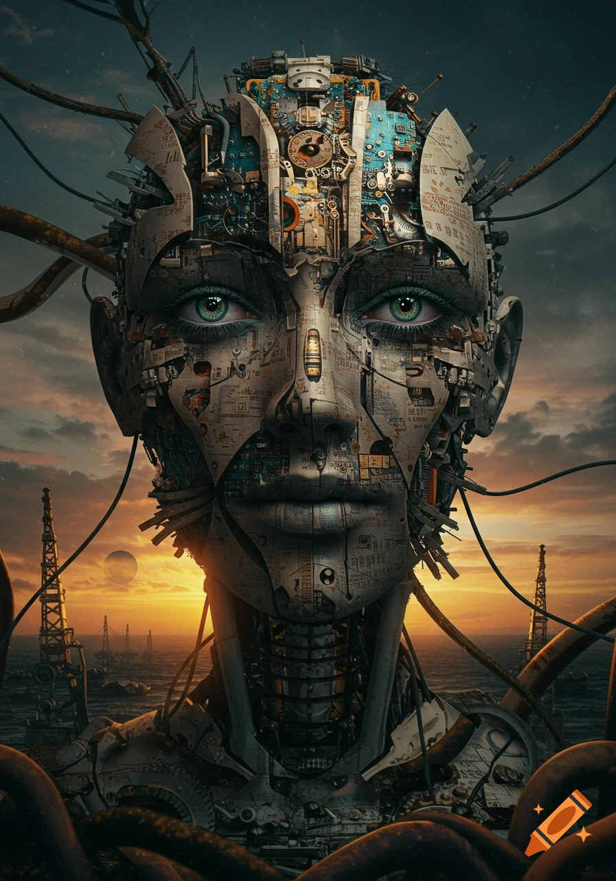 A highly detailed, surreal robotic woman's head, mechanical parts exposed, against a dystopian ocean sunset with oil rigs.