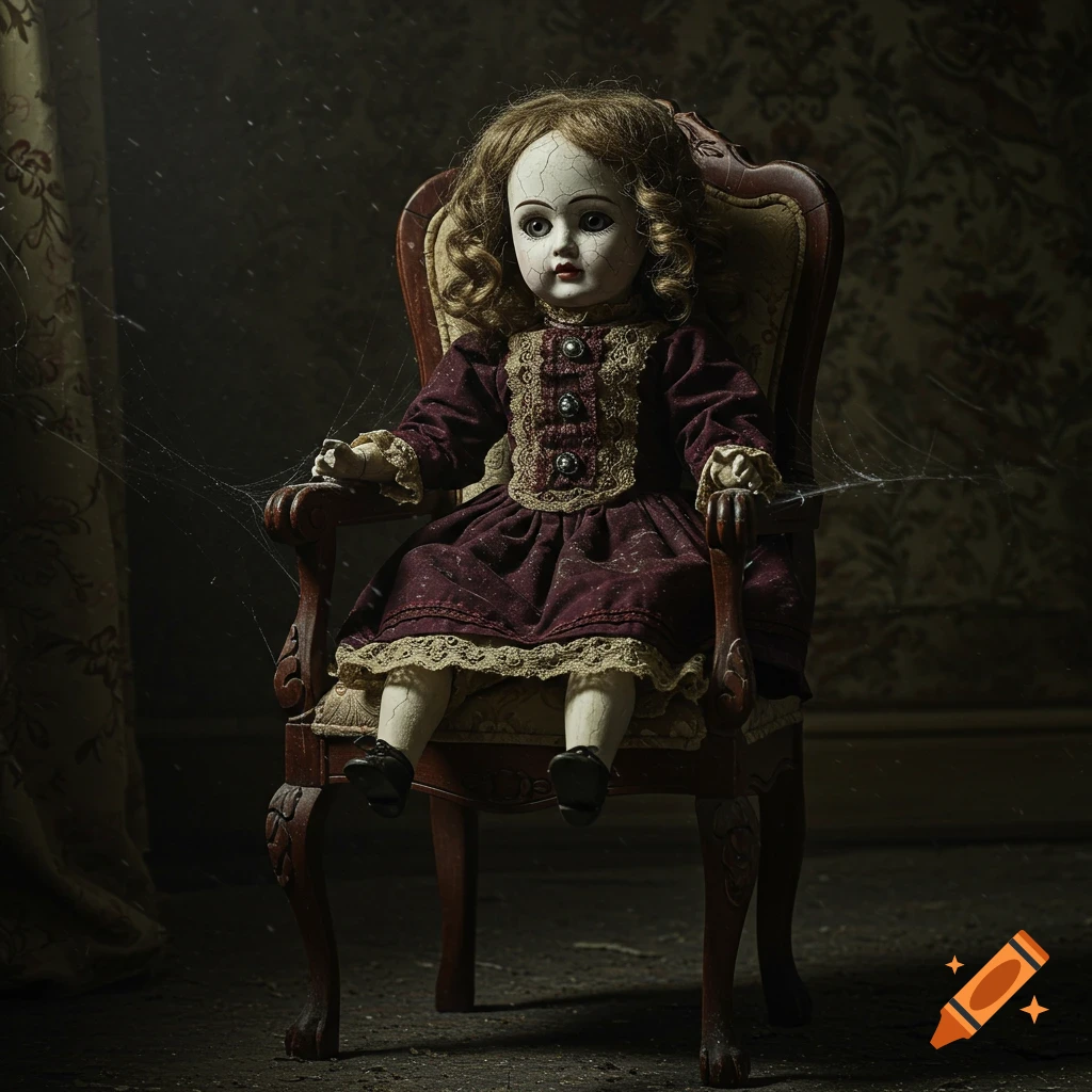 A creepy, cracked porcelain doll with curly hair and a maroon dress sits on an ornate wooden chair in a dusty, dark room with spiderwebs.