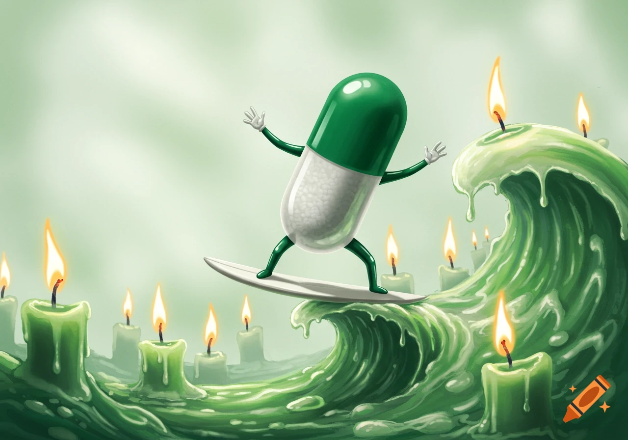 A whimsical illustration of a green and white pill with arms and legs surfing on a wave of melting green candles.