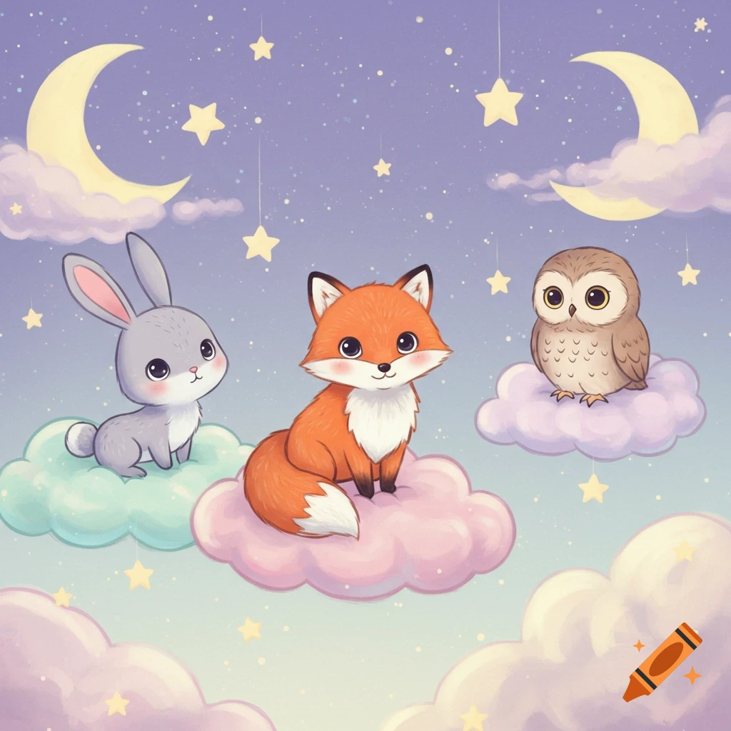 Cute cartoon bunny, fox, and owl on pastel clouds under a starry night sky with moons.