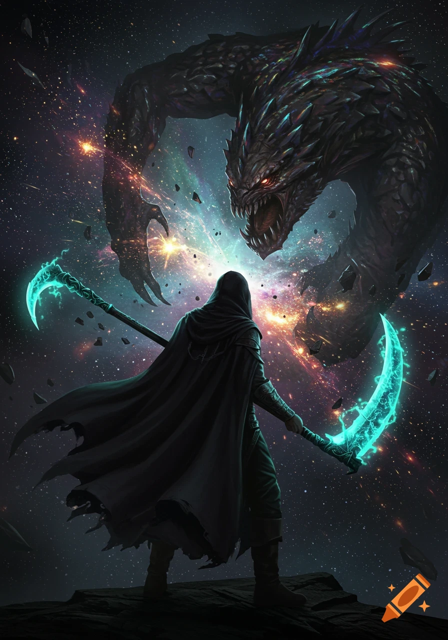 A hooded figure with a glowing scythe faces off against a giant monster in a vibrant space setting, in digital art style.