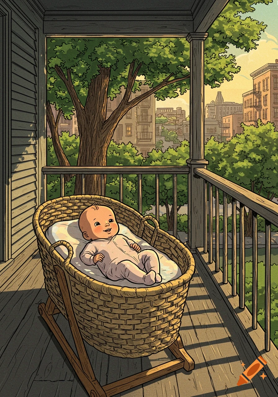 A comic-style baby smiles while lying in a wicker bassinet on a porch overlooking a tree-filled urban neighborhood.