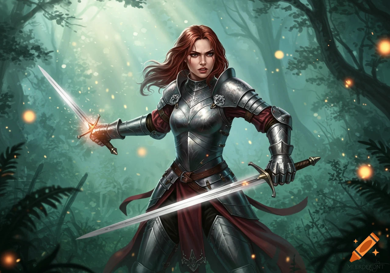 A red-haired female warrior in shining plate armor stands ready with two swords in a mystical forest. Digital fantasy art.